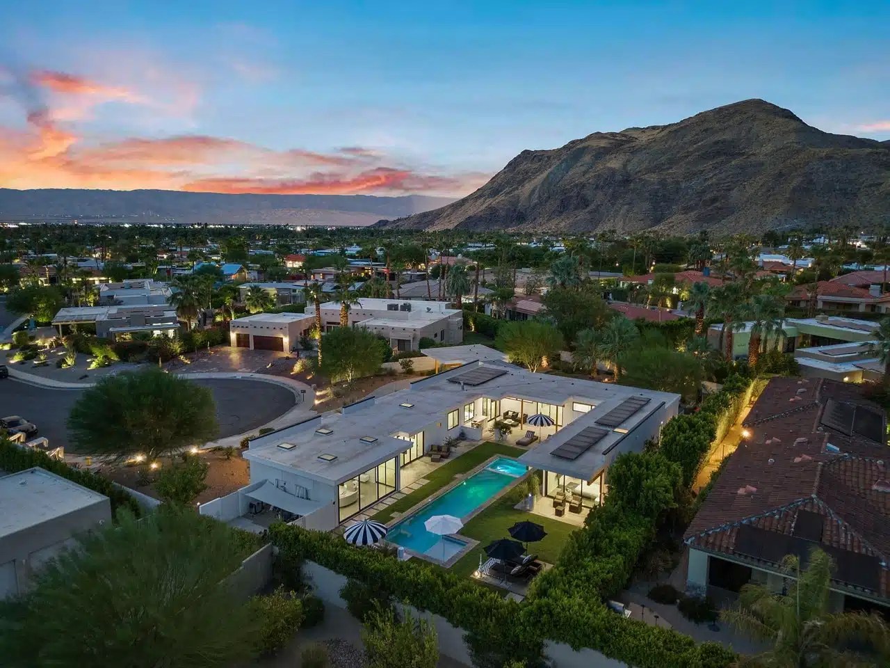 Twilight aerial of the 180 House, a Lindal home built by Fassino Construction in Palm Springs