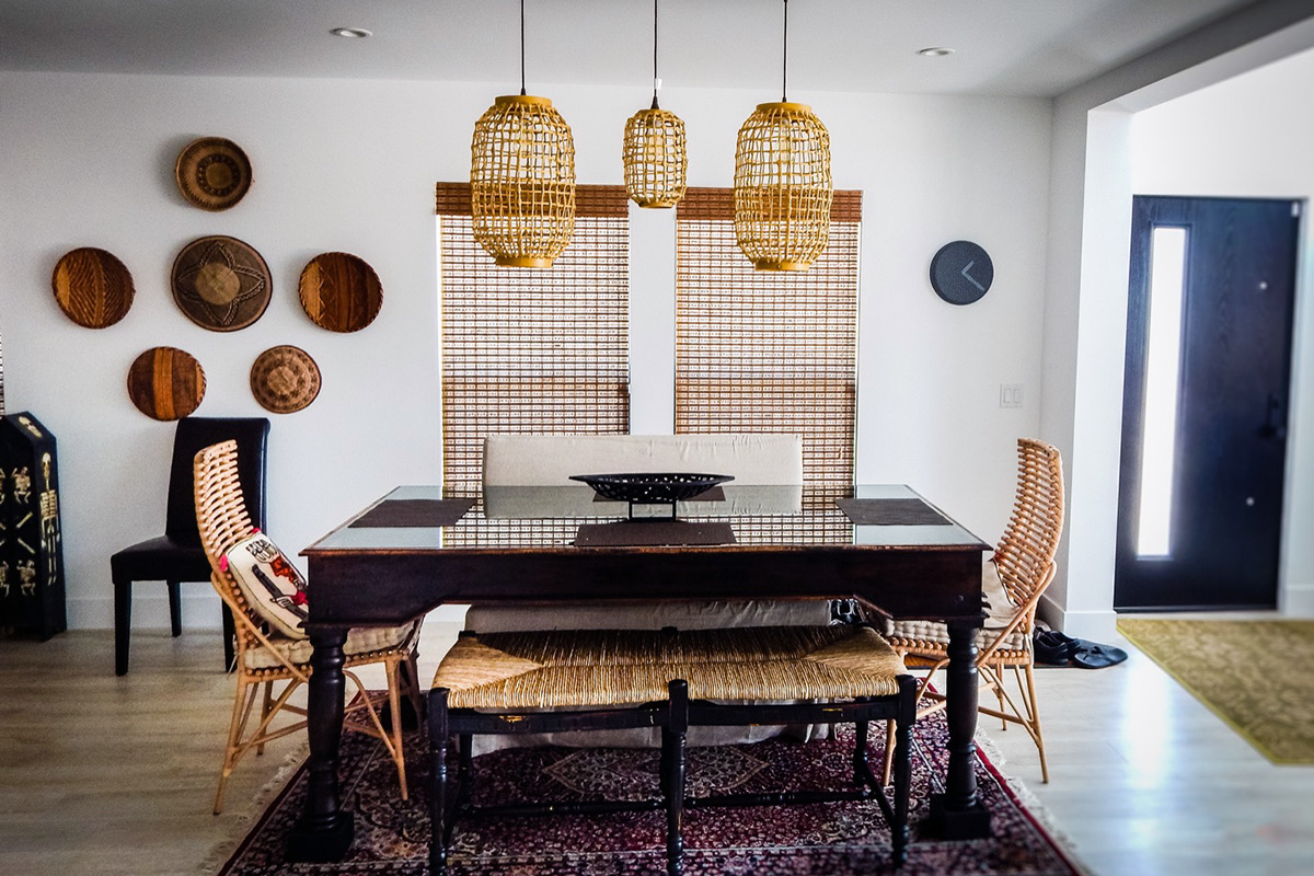 Dining room with woven pendants in the Contemporary Expression project