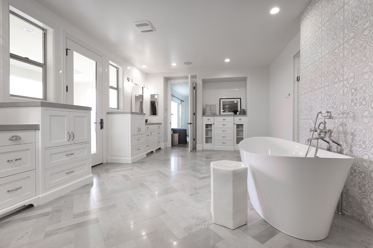 Marble primary bathroom in the Modern Country custom home by Fassino Construction