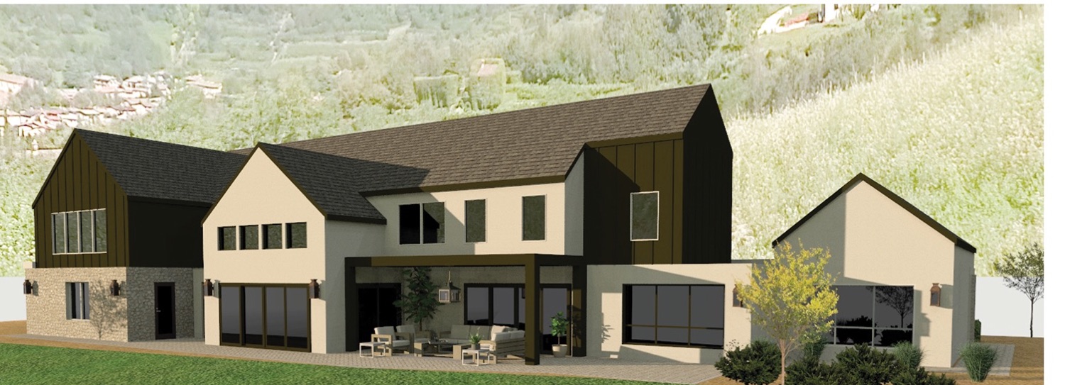 Architectural rendering of the Palomar home — rear elevation with a covered loggia and indoor-outdoor living.