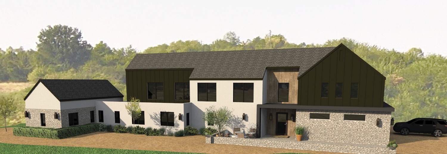 Architectural rendering of the Palomar home — front elevation in board-and-batten, white stucco, and stone.